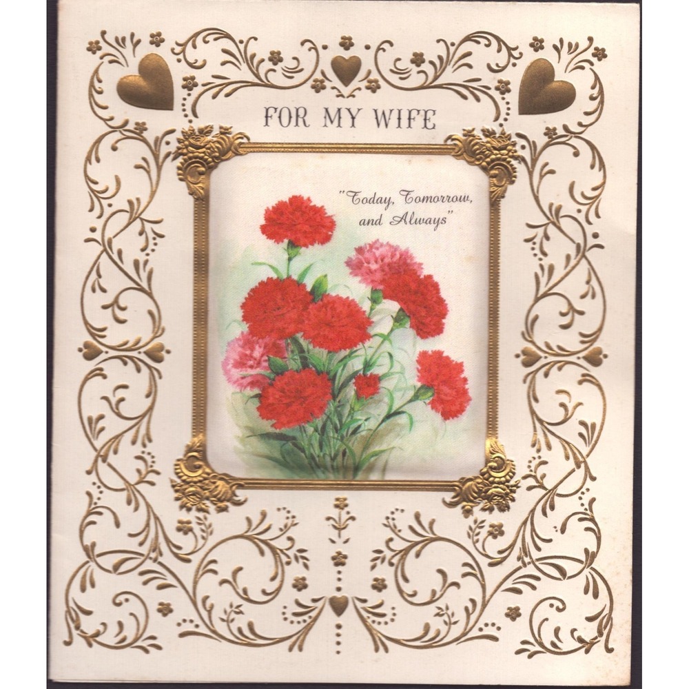 Vintage Hallmark Valentines Day Card For My Wife Gold Foil Carnations 50V 589-7 - Picture 1 of 3